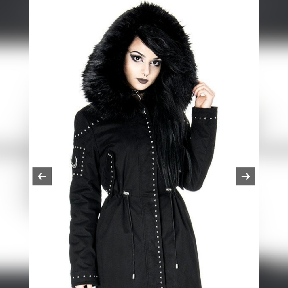 MOON PARKA Black gothic winter coat with oversized fur hood, XS
